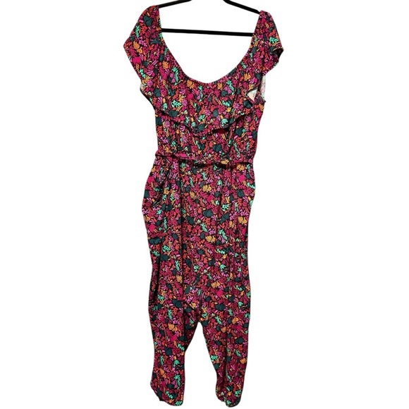 Ava & Viv Linen Bright Floral Print Ruffle Off Shoulder Neckline Belted Jumpsuit - Picture 9 of 14